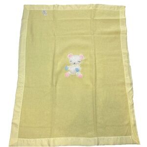 Vtg Storktex Baby Blanket‎ Yellow Teddy Bear Stain Trim 37 x 47 USA Acrylic Crib